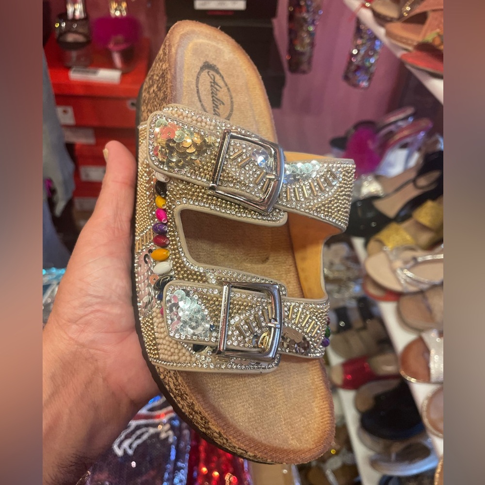 Italina BIRK Gold Multicolor Rhinestone Embellished Slide Cork Buckled Sandals